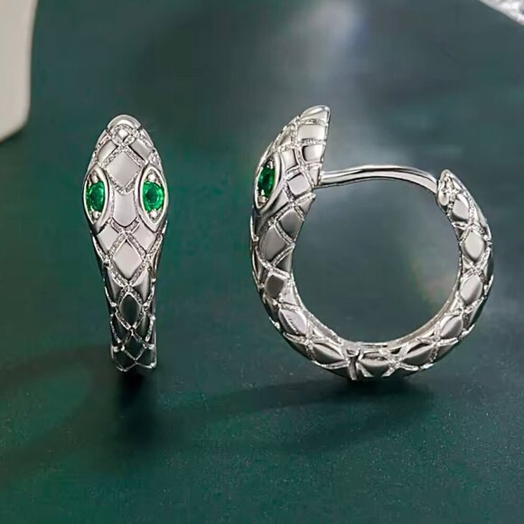 NWT Huggie Hoop Snake Earrings 14K Gold Plated Green CZ Minimalist Dainty - Picture 4 of 10